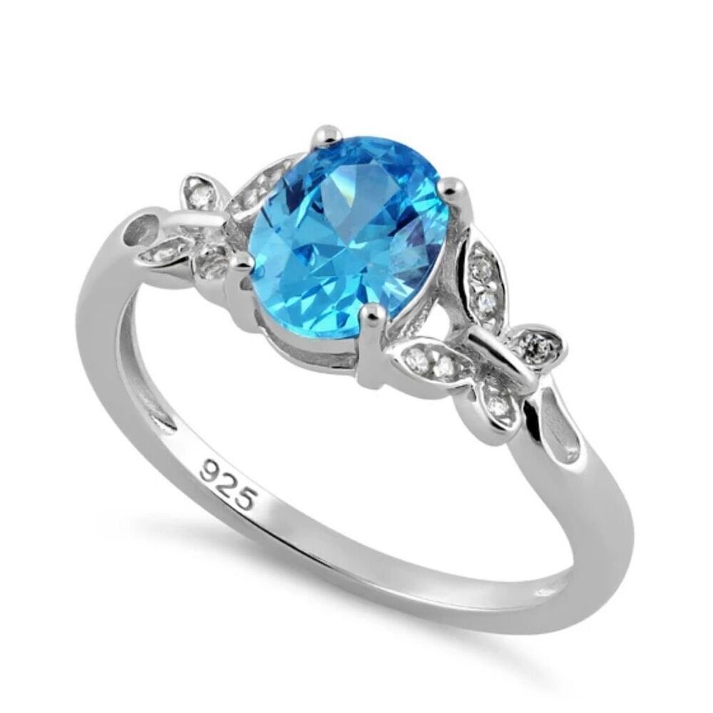 Sterling Silver Double Butterfly Aquamarine Center Stone CZ Ring New